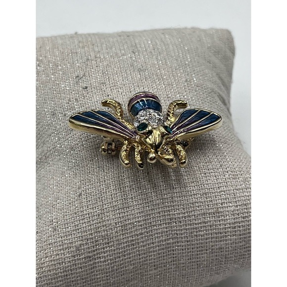 Bumble Bee Multicolor Blue Purple‎ Enamel Gold Tone Brooch - Picture 6 of 13